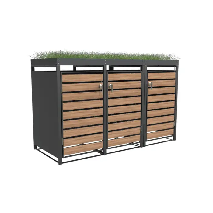 Triple Bin Storage with Planter – Woodgrain & Charcoal