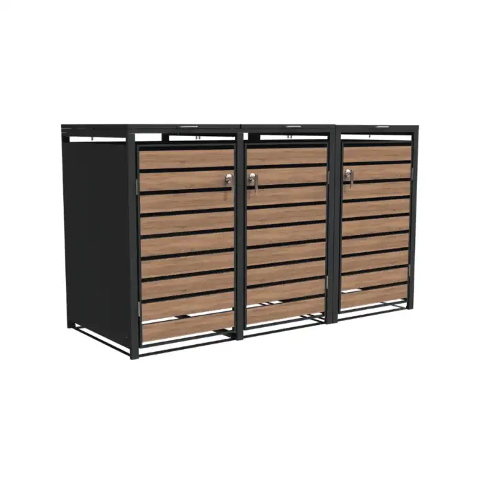 Triple Bin Storage with Lid – Woodgrain & Charcoal